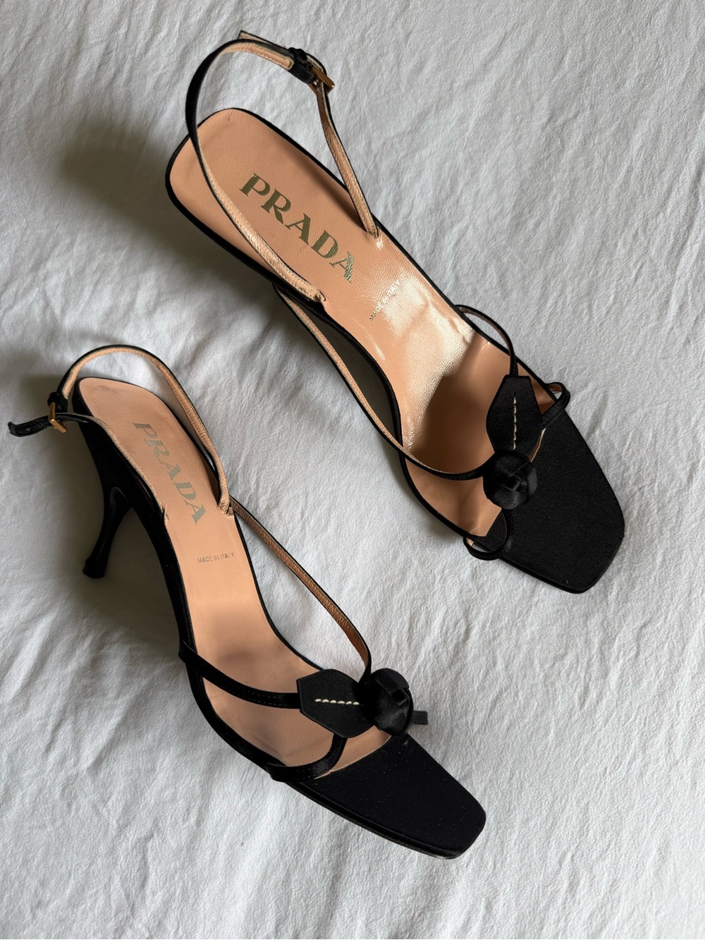 Prada Vintage Black Satin with flowers and leaf applique Slingback Heels